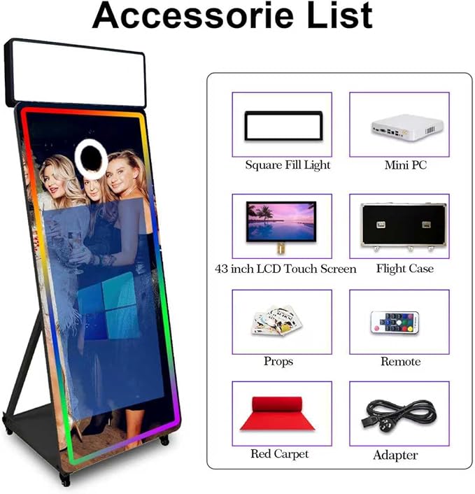 Magic Mirror Photo Booth,Mirror Photo Booth Interactive Touch Screen with Flight Case, Built-in Mini PC with Instant Print and Sharing for Event Party Wedding Rental (Black, 43''Screen Full set)