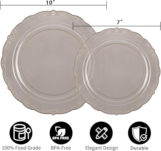 U-QE 100PCS Clear Black Plastic Plates - Heavy Duty Black Disposable Plates Including 50PCS 10'' Dinner & 50PCS 7.5'' Dessert Plates - Hard Plastic Platos for Party & Wedding & Bridal Shower