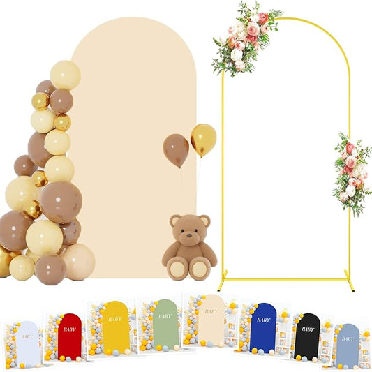FOTSHARER 7.2FT Metal Arch Backdrop Stand with Beige Arch Cover Wedding Balloon Arches Stands Spandex Fitted Arched Backdrop Stand Cover for Baby Shower Birthday Party Graduation Ceremony Decor