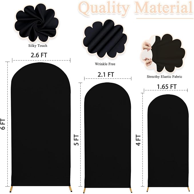 Spandex Arch Cover Set of 3 Arch Covers Stretchy Black Wedding Arch Cover 6ft 5ft 4ft Arch Backdrop Stand Cover Round Top Chiara Arch Wall Backdrop for Baby Shower Banquet Party Halloween