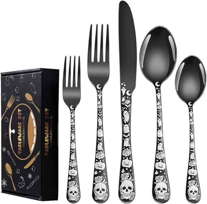 XIAOYU 40 Piece Halloween Gothic Skull Pattern Silverware Set, Stainless Steel Flatware Set for 8, Tableware Cutlery Set with Unique Skull Design, Perfect for Halloween Easter and Christmas, Black