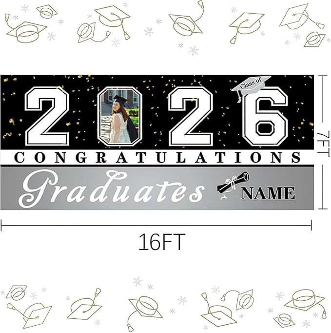 Custom Graduation Garage Door Banner Decoration 7x16ft with Photo Congrats Garage Door Cover 2026 Party Photo Booth Backdrop Party Supplies(Silver)