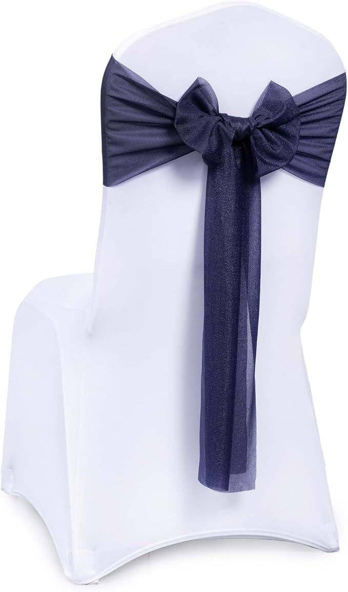 VDS Pack of 250, Navy Blue, Sheer Chiffon Chair Sashes Bows Chair Cover Back Tie Ribbon for Wedding Birthday Baby Shower Engagement Ceremony Event Party Banquet Restaurant Dining Chair Decoration