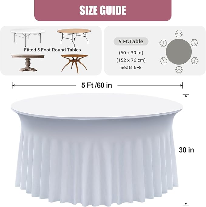 8 pk White Round Spandex Tablecloth for 60in Tables, Wrinkle Free Stretchy 120inch Fitted 5FT Table Cloths Round Table Covers with Skirt for Wedding Party Dining Banquet Events