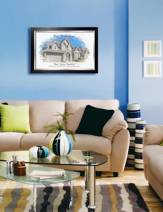 IPIC - Custom Watercolor House Portrait.Personalized Artwork with Names and Date on, Customized Gift for Anniversary,Wedding,Birthday and Holidays.Picture size: 24x16, Framed Size: 27x19