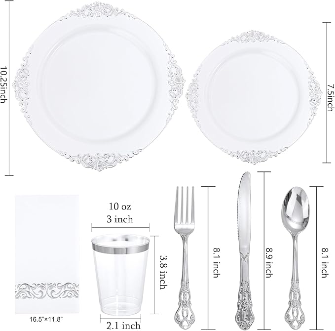 YOUBET 700PCS Silver Plastic Plates - White and Silver Disposable Plates - Silvery Plastic Dinnerware Set - Include 200 Plates, 300 Heavy Duty Silverware, 100 Cups and 100 Napkins for Wedding & Party