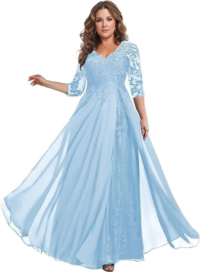 Long Sleeve Mother of The Bride Dress for Wedding Chiffon Lace Applique Formal Gowns BOF163