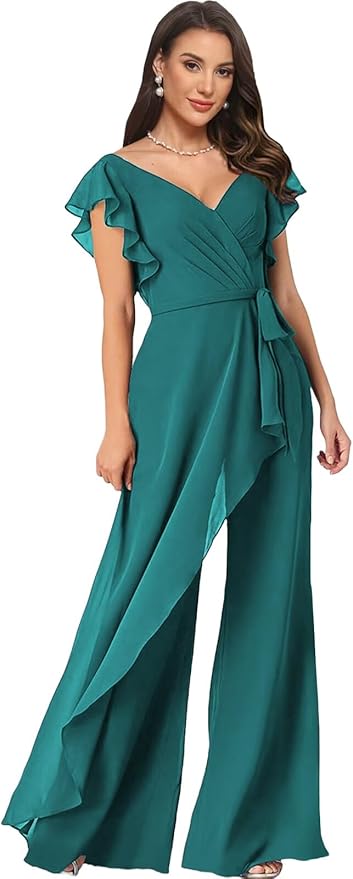 Chiffon Mother of The Bride Jumpsuits for Women Asymmetrical Pant Suits Flutter Sleeve V Neck Formal Evening Outfits