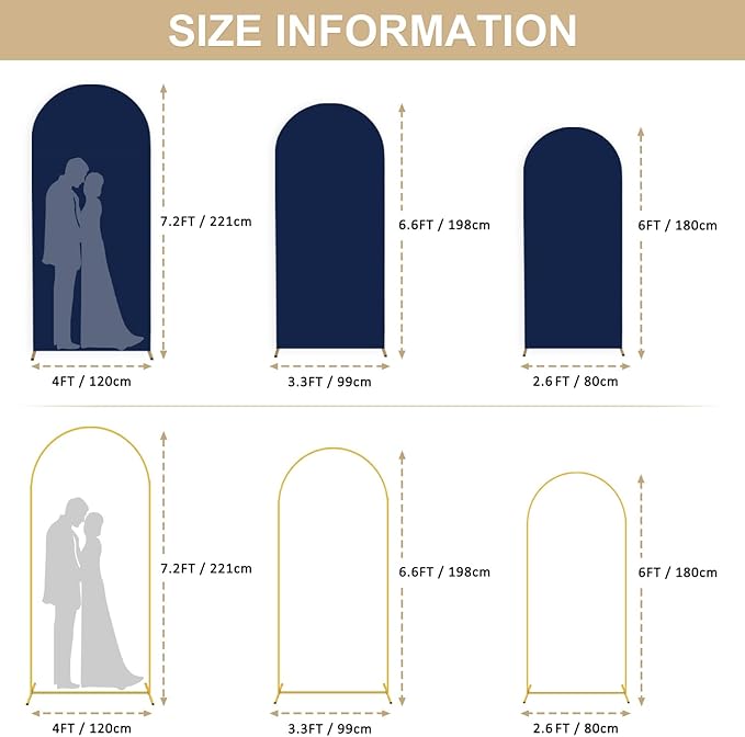 Arch Stand with Cover 6FT 6.6FT 7.2FT Navy Blue Spandex Arch Covers Metal Arch Stands with Arched Backdrop Cover Set of 3 Arched Stand Covers for Wedding Party Banquet Decorations