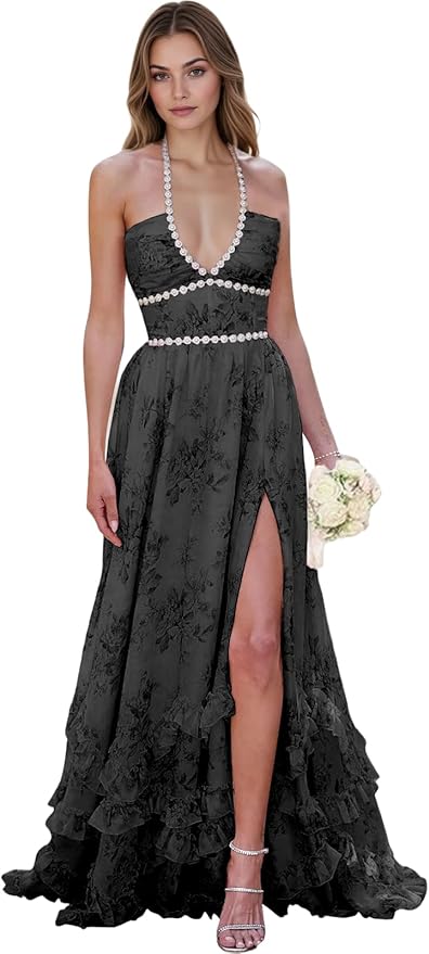 Floral Printed Chiffon Prom Dress for Carmen 2025 Long V Neck Floor Length Photoshoot Dress with Side Slit Ruched