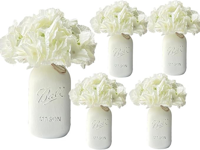 White Mason Jar Centerpieces for Baby Shower, Set of 5-32 oz Hand-Painted Mason Jars for Wedding, Baby Shower, Bridal Shower Decor - Centerpiece Table Decorations (5 White w/Hydrangea)