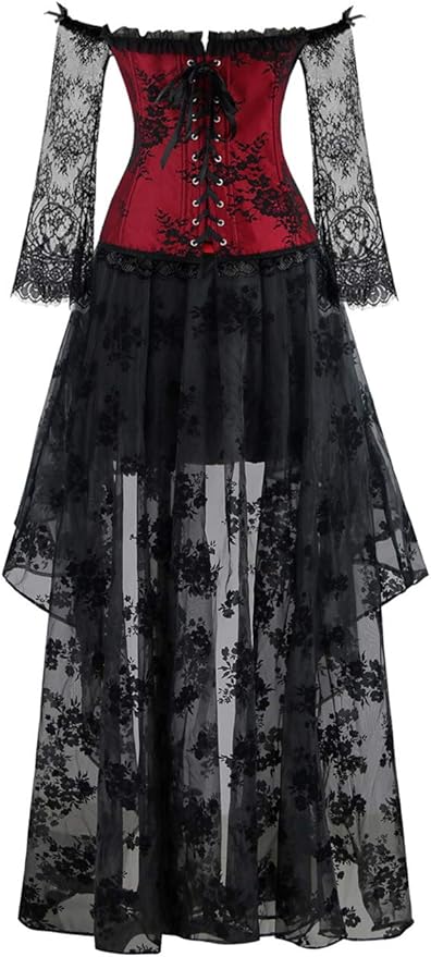 Kimring Women's Steampunk Victorian Off Shoulder Corset Top with High Low Skirt