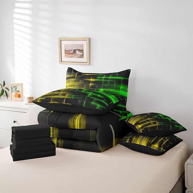 Feelyou Green and Yellow Comforter Set with Sheets 7 Piece King Size Kids Geometric Bed in a Bag Strip Lines Bedding Set Abstract Art Bed Set with Comforter, Sheets,Cushion Covers