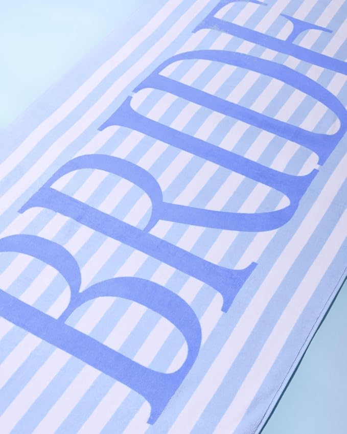 xo, Fetti Bride Blue Stripe Beach Towel - 100% Cotton | Bachelorette Decorations, Coastal Bridal Shower Gift, Poolside Bride to Be, Bridesmaid Gift, Beach Bach Supplies