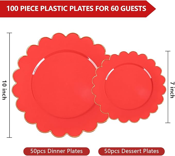 Supernal 100pcs Red Plastic Plates,Fancy Disposable Plates Heavy Duty,Red and Gold Party Supplies Including 10.25’’ Dinner & 7.5’’ Dessert Plastic Plate,Elegant Disposable Plate Suit for Party,Wedding