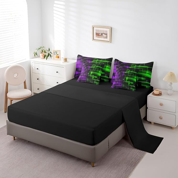 Feelyou Green and Purple Comforter Set with Sheets 7 Piece Full Size Kids Geometric Bed in a Bag Strip Lines Bedding Set Abstract Art Bed Set with Comforter, Sheets,Cushion Covers