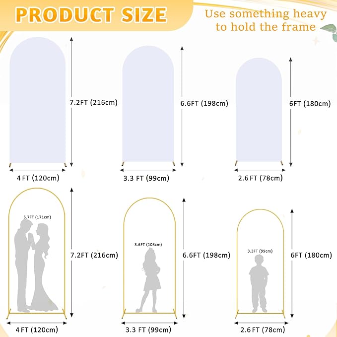 Metal Arch Backdrop Stand and Cover 6&6.6&7.2ft White Arch Backdrop Covers Gold Wedding Arched Frame Set of 3 Arch Stand with Cover for Baby Shower Wedding Banquet Reception Decor