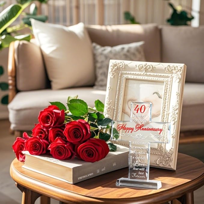 YWHL 40th Wedding Anniversary Cross Gifts for Parents, 40 Years of Marriage Glass Standing Cross Keepsake for Couple, 40 Years Aniversary Decorations for Home Party