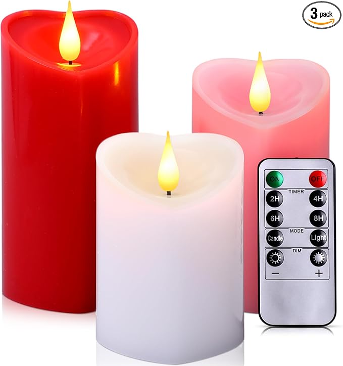 Retisee 3 PCS Valentine's Day Heart Pillar Candle - 4" 5" 6" LED Battery Operated Flameless Candle with Remote for Valentine Women Romantic Home Weeding Decoration Gift(Red, Pink, White)