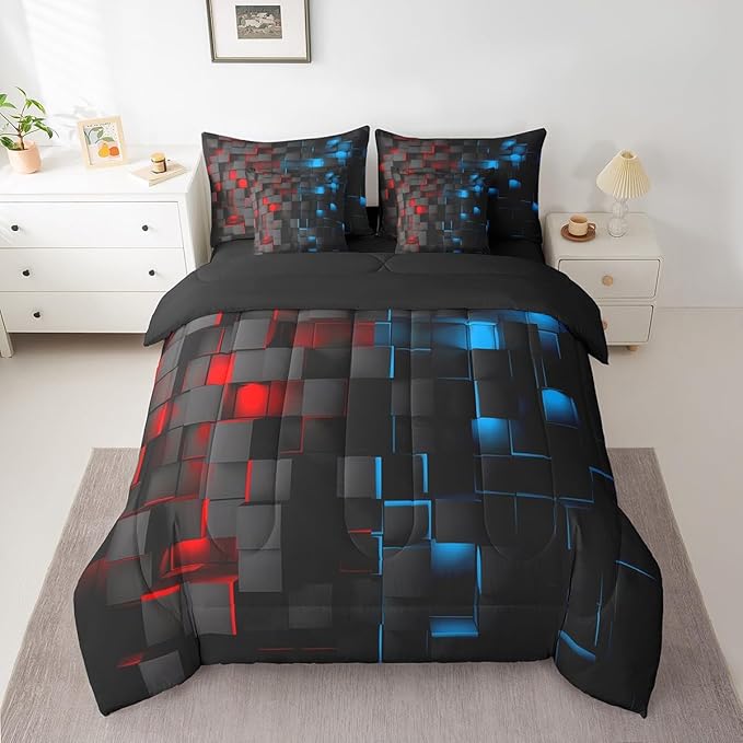 Feelyou Red and Blue Bedding Set Twin Size Kids Light Geometric Comforter Set with Sheets 7 Piece Bed in a Bag forModern Bed Set with Comforter,Sheets,Pillowcases,Cushion Covers