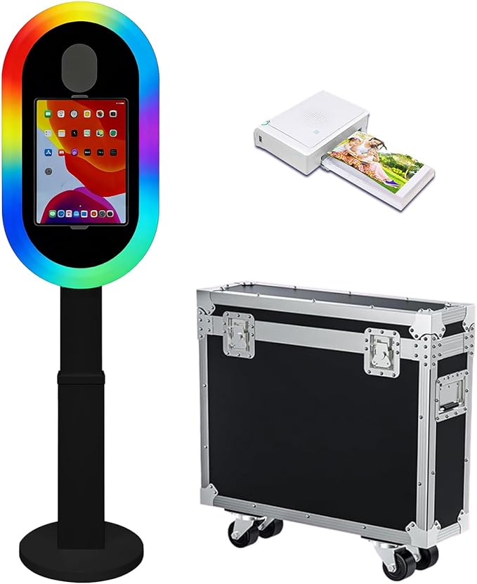Photo Booth Shell Compatible with iPad Tablet 10.2'' 10.5’’ 10.9'' 11'' 12.9'' 13'' Selfie Protable iPad Photo Booth Machine with Flight Case for Parties Wedding Rental (Black, Machine+Printer)