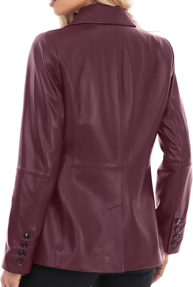 SILVER FASHIONS Lambskin Leather Jacket Women,Long Sleeve Button Front Leather Blazer,Notched Lapel Casual Style,Vent Detail