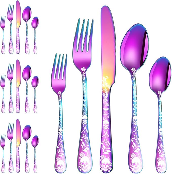 XIAOYU 20 Piece Halloween Skeleton Tableware Silverware Set, Metal Flatware Set Service for 4, Gothic Unique Skull Flower Pattern Design, Skeleton Utensil Cutlery Set for Halloween Easter Christmas