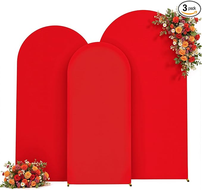 Red Arch Backdrop Cover Set of 3 - Spandex Arch Covers 7.2FT 6.6FT 6FT Stretchy Fabric Backdrop for Wedding Ceremony, Bridal Baby Shower, Birthday Party, Photo Booth Background Decor