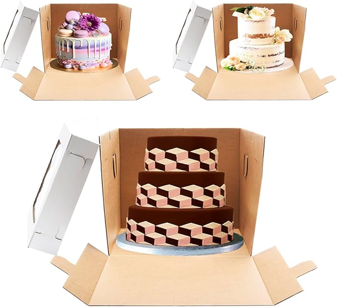 JJO Tall Cake Boxes for Tier Cakes, 14x14x12 Inches 3 Pack,Whie Cake Boxes with Window,Disposable Cake Containers, Sturdy Wedding Tall Cake Carrier