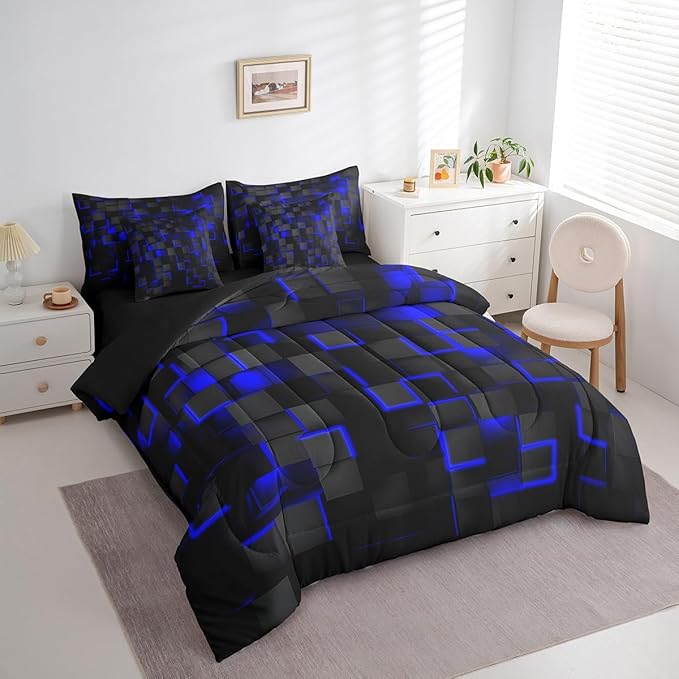 Feelyou Blue and Black Bedding Set King Size Light Geometric Comforter Set with Sheets 7 Piece for Kids Boys Decor Bed in a Bag Modern Style Bed Set