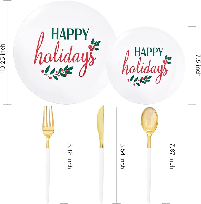 Supernal 150pcs Christmas Plastic Plates Disposable Holiday Plates,Christmas Dinnerware with Xmas Plate,White and Gold Plastic Silverware, Disposable Party Plate with "Happy Holiday"