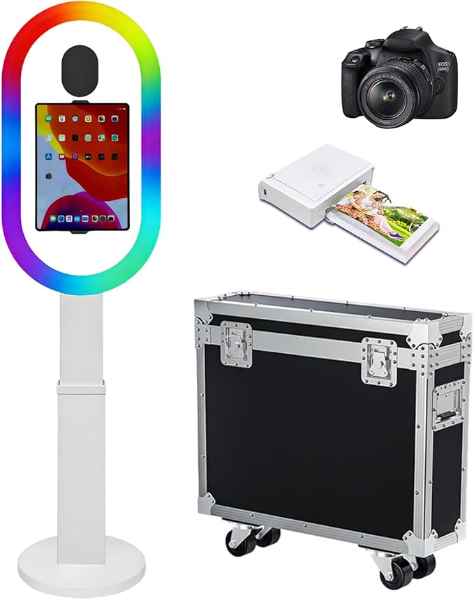 Photo Booth Shell Compatible with iPad Tablet 10.2'' 10.5’’ 10.9'' 11'' 12.9'' 13'' Selfie Protable iPad Photo Booth Machine with Flight Case for Parties Wedding Rental (White, Machine+Camera+Printer)