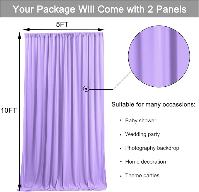 10 ft x 10 ft Wrinkle Free Lavender Backdrop Curtain for Parties, Polyester Light Purple Photo Backdrop Drapes 2 Panels 5x10ft for Baby Shower Photoshoot Wedding Birthday Party Photography Curtains