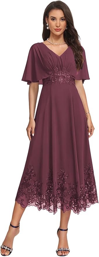 Tea Length Mother of The Bride Dress with Sleeves Laces Formal Evening Gowns for Wedding V Neck Wedding Guest Gown ZMX37