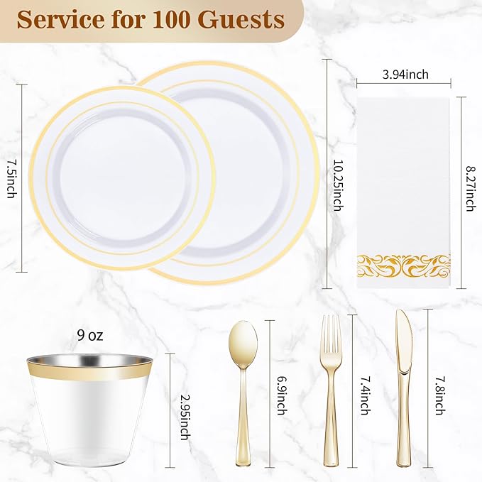 BESTVIP 700 PCS Gold Dinnerware Set for 100 Guests, Plastic Dinnerware Set for Party, Christmas, Include: 200 Plastic Plates, 100 Gold Silverware, 100 Cups, 100 Paper Napkins
