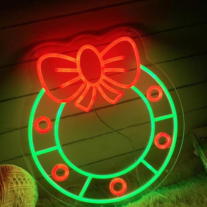 Merry Christmas Wreath Front Door Neon Sign, Home Shop Christmas Party Wall Décor Size:19 x18 inches