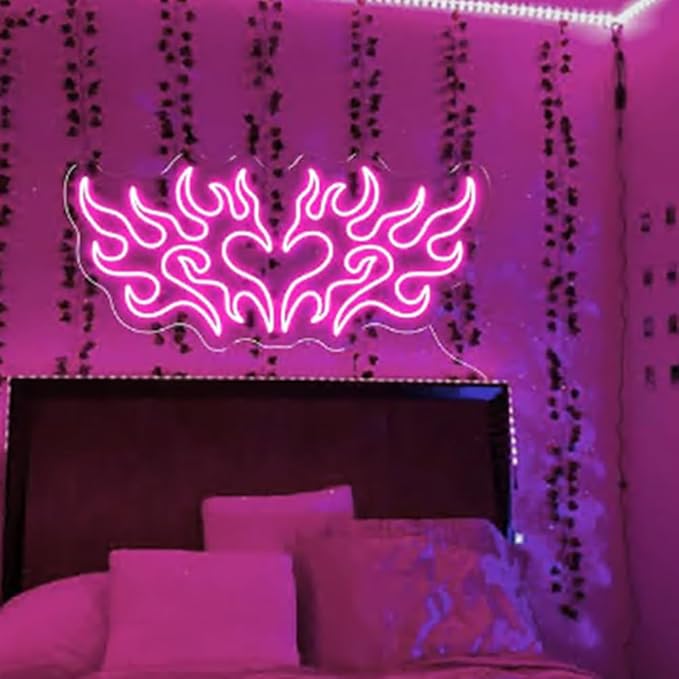 Large Heart Flame Neon Sign, Gothic Style Light Sign, Personalized Gift,Bedroom Decor,Heart Wall Art Décor Size:24in x 11.2in