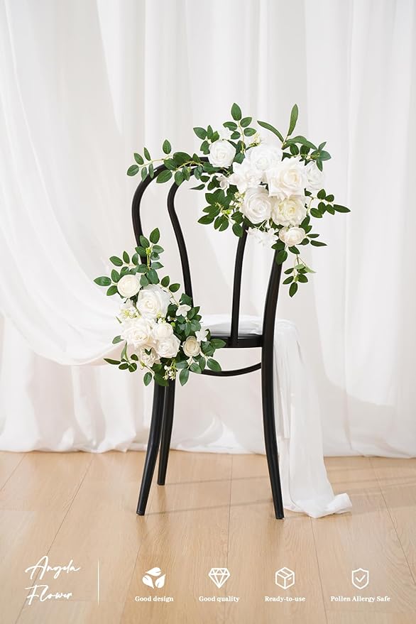 2pcs White & Green Deluxe Welcome Sign Artificial Flowers Wedding Backdrop Garland Hanging Floral Arrangements for Ceremony Reception Entryway Board Sweetheart Table