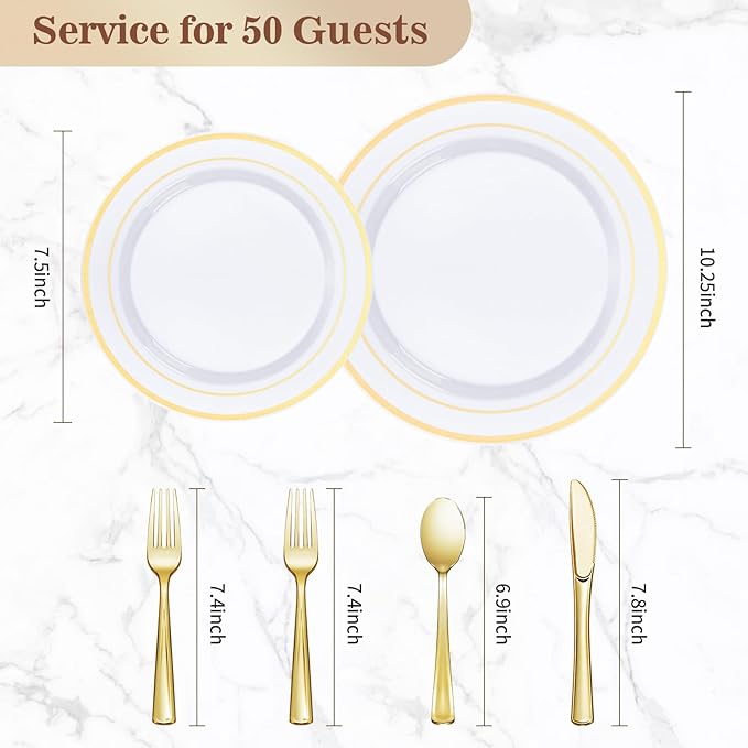 BESTVIP 300PCS Gold Plastic Plate Set (50 Guests), Plastic Plates for Party Wedding Birthday, Disposable Dinnerware Set of 100 Plates, 100 Forks, 50 Spoons, 50 Knives for Christmas