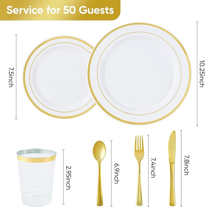 175 Pcs Gold Disposable Plates for 25 Guests, Disposable Plastic Plates, Dinnerware Set Include 25 Dinner Plates, 25 Salad Plates,25 Cups, 25 Paper Napkins for Party, Wedding, New Year