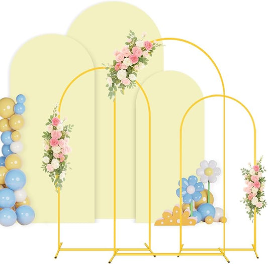 Arch Backdrop Stand with Cover Metal Arch Stand and Yellow Arched Cover 7.2FT, 6.6FT, 6FT Wedding Arch Backdrop Stand and Covers Set for Happy Birthday Baby Shower Graduation Party Decor