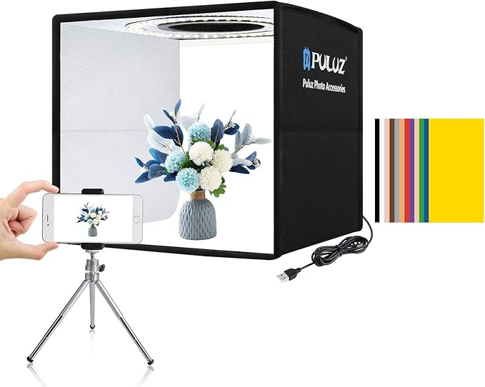 PULUZ Mini Photo Studio Light Box, Photo Shooting Tent kit, Portable Folding Photography Light Tent with CRI >95 104pcs LED Light & 6 Kinds Double-Sided Color Backgrounds for Small Size Products
