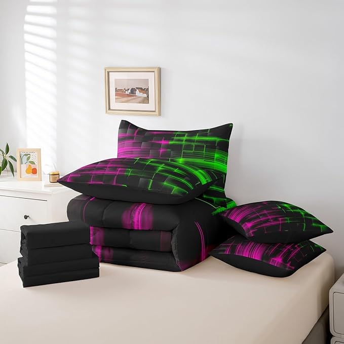 Feelyou Green and Rosered Comforter Set with Sheets 7 Piece Twin Size Kids Geometric Bed in a Bag Strip Lines Bedding Set Abstract Art Bed Set with Comforter, Sheets,Cushion Covers