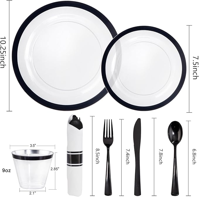 I00000 350 Pcs Clear and Black Plastic Plates,Black Dinnerware Set, Include 50 Dinner and 50 Dessert Plates,50 Plastic Cups,50 Pre Rolled Napkins with Cutlery for Party