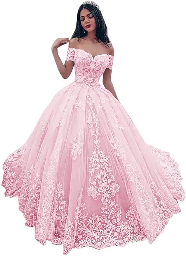 TRHTX Off Shoulder Lace Wedding Dresses for Bride Appliques Bridal Gowns for Women A-line Wedding Gowns with Train