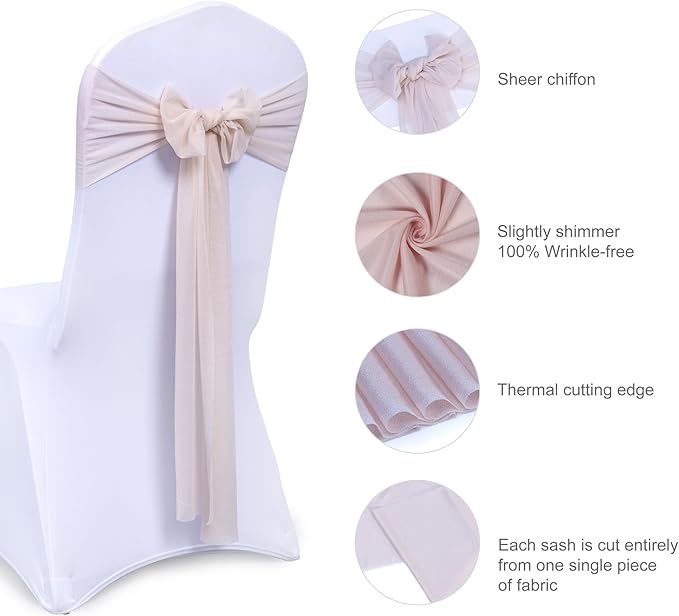 VDS Pack of 250, Nude, Sheer Chiffon Chair Sashes Bows Chair Cover Back Tie Ribbon for Wedding Birthday Baby Shower Engagement Ceremony Event Party Banquet Restaurant Dining Chair Decoration