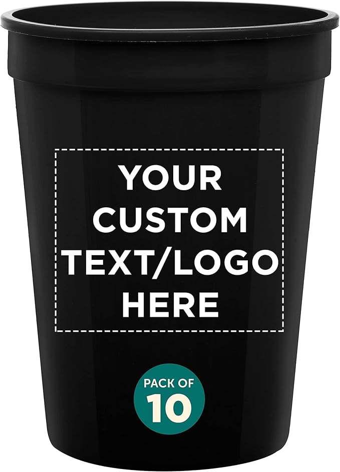 Custom Disposable Plastic Cups 12 oz. Set of 10, Personalized Bulk Pack - Perfect for Summer, Sporting Events, Birthdays, Weddings, Picnic, Beach, Parties - Black