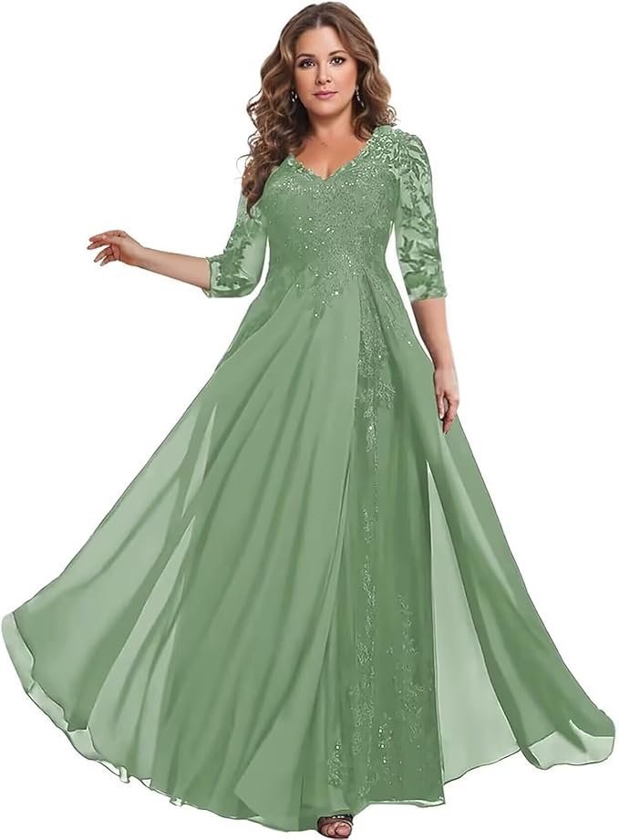 Long Sleeve Mother of The Bride Dress for Wedding Chiffon Lace Applique Formal Gowns BOF163