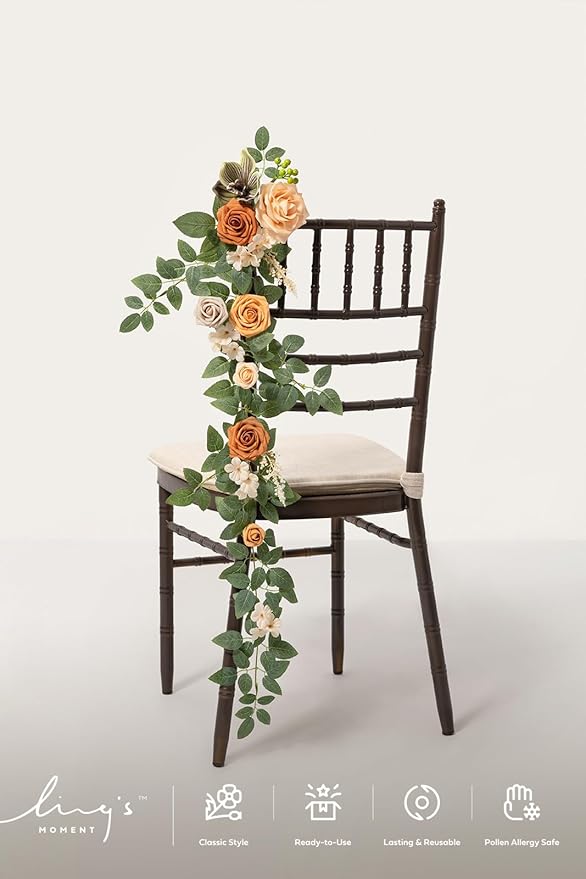 Ling's moment 10pcs Wedding Chair Decorations Aisle Floral Swag Artificial Pew Flowers Hanging Garland Apricot & Cream for Ceremony Reception Church Rose Floral Faux Arrangement Party Outdoor Decor