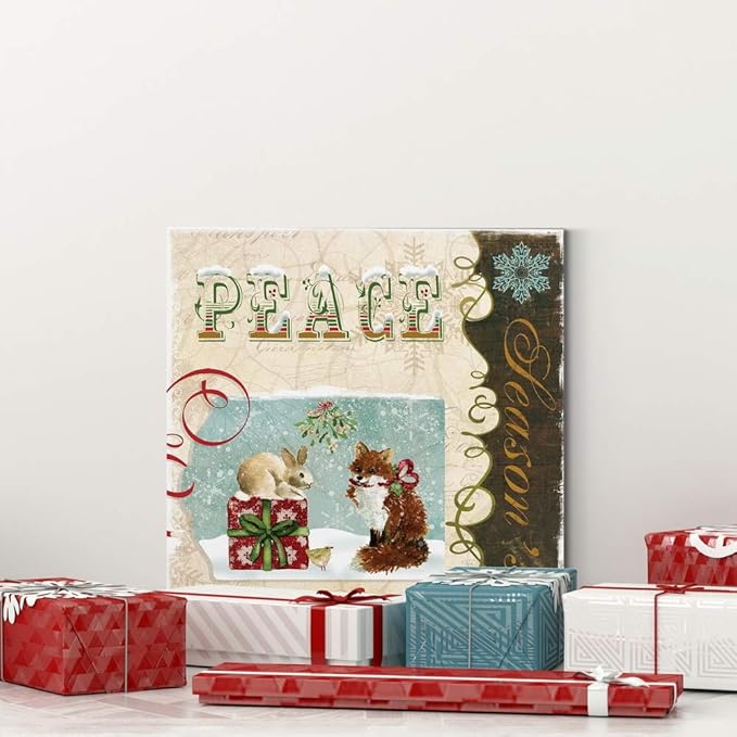 Renditions Gallery Christmas Peace Wall Art, Cute Winter Decor, Festive Rabbit, Fox, and Bird with Present, Premium Gallery Wrapped Canvas, Ready to Hang, 16 in H x 16 in W, Made in America